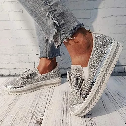 Miniatura 4 de Zapatos deportivos de plataforma con diamantes de imitación y purpurina para mujer, con bonito lazo, cómodos, mocasines planos, zapatos casuales