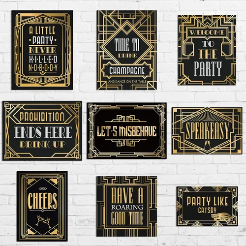 9 piezas de decoraciones de fiesta de los años 20 en negro y dorado retro para fiesta de jazz de los años veinte, kit de decoración para fiestas de