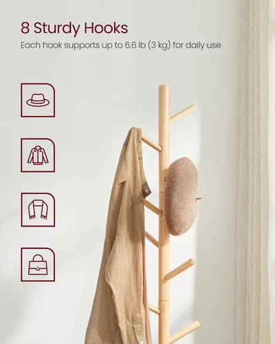 Miniatura 3 de VASAGLE Perchero de madera maciza, perchero en forma de árbol con 8 ganchos, 3 opciones de altura, para ropa, sombreros, bolsos, sala de estar