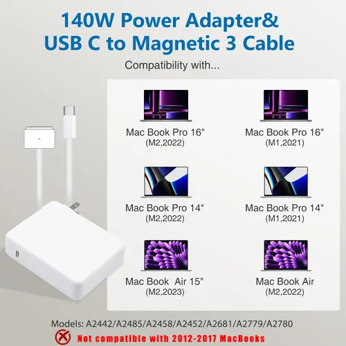Miniatura 3 de Cargador de 140 W para MacBook Pro - Compatible con Pro (16 pulgadas 2021-2023) y (14 pulgadas 2023), Air (13-15 pulgadas 2021-2024), incluye un