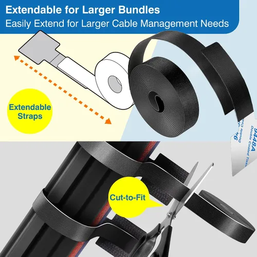 Miniatura 4 de Kit de gestión de cables – 40 sujetadores autoadhesivos de gancho y bucle con 2 correas de extensión – Fabricado con cinta 3M, organizador de cables