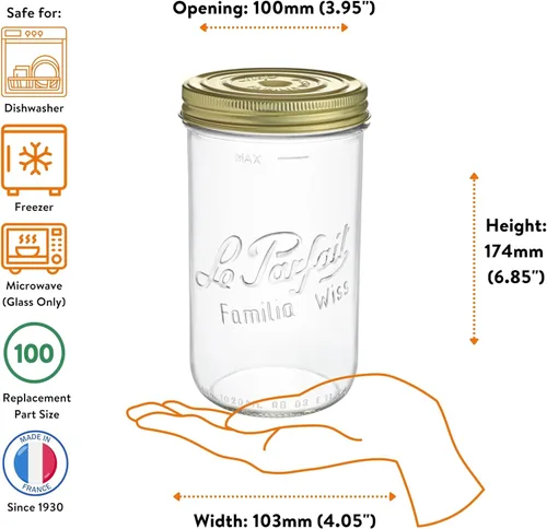 Miniatura 5 de Le Parfait Familia Wiss Terrine - Recipiente de vidrio francés de boca ancha con sistema hermético de 2 piezas tapas doradas, ideal para enlatar