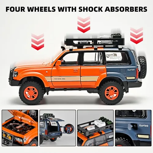 Miniatura 6 de OANMYJJO Autos para niños 1/24 de Land Cruiser LC80 modelo de coche fundido a presión, autos de tracción con luz y sonido, modelo de auto Naranja