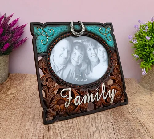 Miniatura 9 de Ebros Gift Rustic Western Family - Marco de fotos de piel sintética turquesa y resina de madera tallada, 7 x 5 pulgadas, con caballete trasero