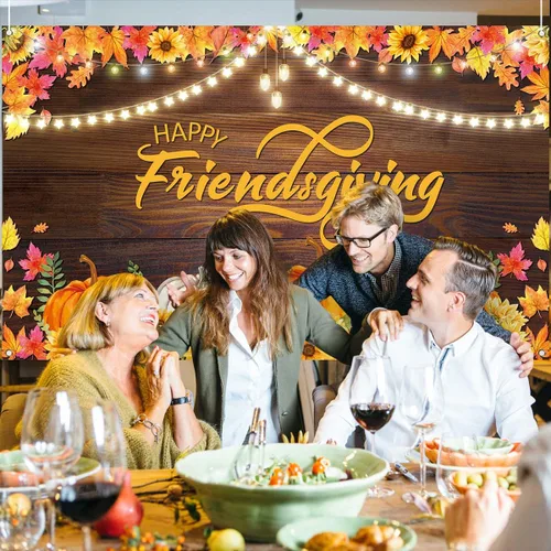 Miniatura 3 de Nepnuser Telón de fondo para cabina de fotos de Happy Friendsgiving de cosecha de otoño, decoración de fiesta de amigos, hojas de arce, girasol