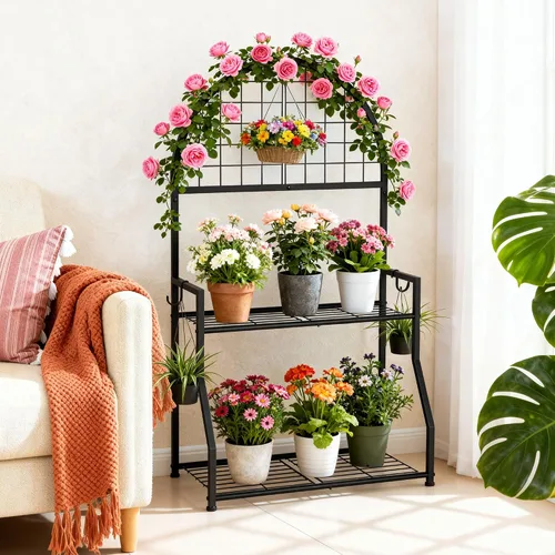 Miniatura 6 de VGMiu Soporte para plantas de 2 niveles para interiores y exteriores, soporte de exhibición de plantas de metal para múltiples plantas, soporte