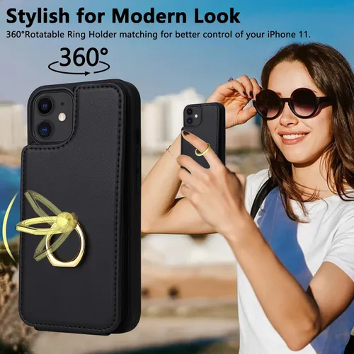Miniatura 3 de Funda compatible con iPhone 11 con tarjetero y soporte para tarjetas, soporte de anillo de dedo de rotación de 360º, función atril, protección RFID