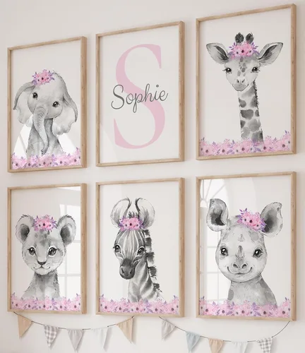 Miniatura 12 de Juego de 3 pósteres de animales de safari para niñas, habitación del bebé, sin marco, con nombre personalizado, flores rosas o moradas, decoración