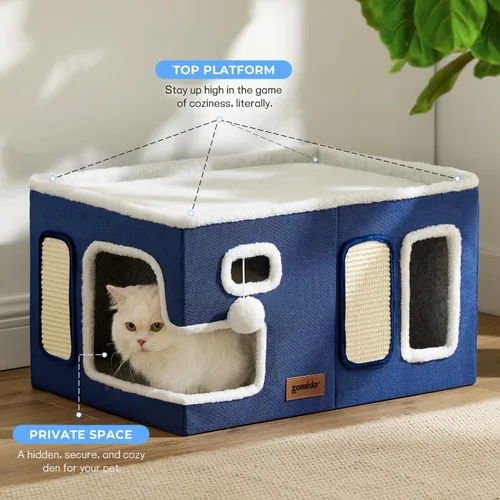 Miniatura 2 de ZOMISIA Casa Extra-Ancha para Gatos de Interior – Casa Grande para Gatos para Mascotas con Pompón Colgante y Almohadilla Rascadora, Refugio Plegable