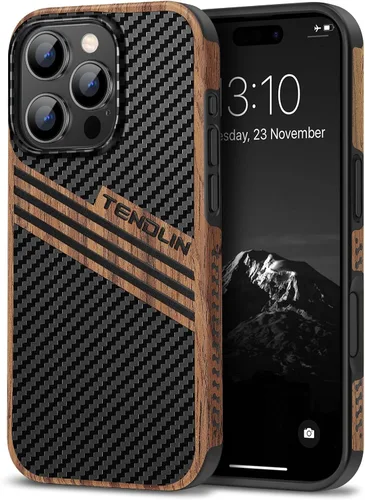 Miniatura 26 de TENDLIN Compatible con iPhone 17 Pro Max Funda de madera con textura de fibra de carbono Diseño de cuero híbrido delgado (negro)