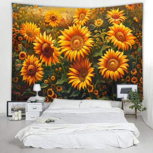 Miniatura 20 de WODEJIAFANG Tapiz estético de tela para pared, tapiz decorativo de girasol, fondo de oficina, divisor de habitación para dormitorio, jardín al aire