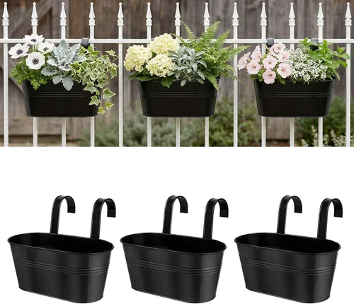 Miniatura 9 de Macetas de barandilla de metal para plantas al aire libre – 5 macetas colgantes de balcón con ganchos desmontables y agujeros de drenaje, macetas