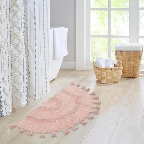 Miniatura 5 de Alfombras de baño bohemias de medio círculo con borlas, alfombra de baño tejida a mano 100% algodón, antideslizante, absorbente, con almohadilla