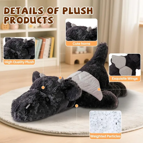 Miniatura 2 de Peluche de dragón negro, 20.5 pulgadas 2.2 libras, peluche gigante súper suave, almohada corporal, regalos de cumpleaños para bebés y niñas