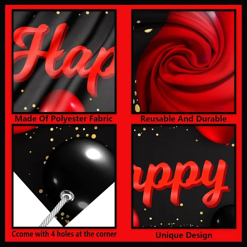 Miniatura 3 de Cartel de feliz cumpleaños número 10 color rojo y negro, globos para decoración temática para patio, jardín, niñas, mujeres, princesas, decoraciones