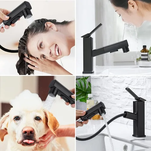 Miniatura 7 de HANLIAN Grifo de un solo agujero extraíble para lavabo de baño, grifo de lavabo negro para baño, grifo moderno de un solo mango para baño