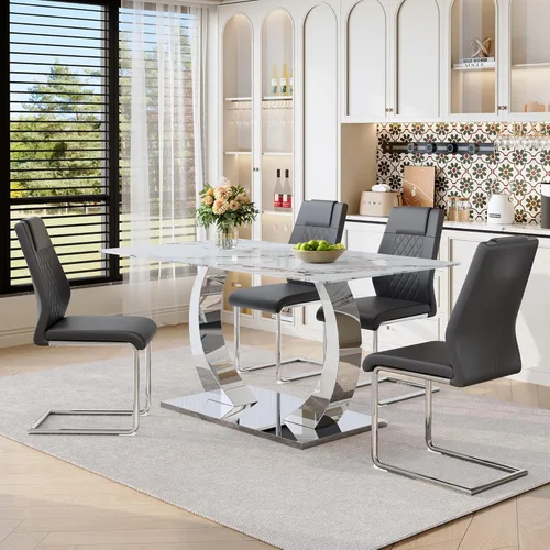 Miniatura 13 de Juego de mesa de comedor MUUOKY para 6, mesa de cocina y sillas para 6, superficie de mesa de piedra sinterizada con 6 sillas de comedor modernas