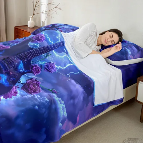 Miniatura 69 de Castle Fairy Juego de sábanas de botas de vaquero, tamaño individual, juego de ropa de cama de guitarra musical bohemia de 3 piezas para niños