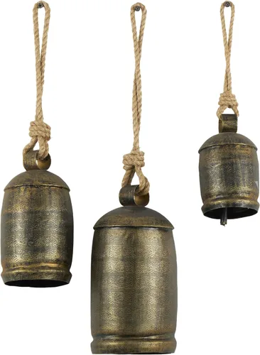 Miniatura 11 de Deco 79 - Campanas de vaca gigantes XL decorativas de metal dorado con cuerda de yute para colgar, juego de 3 campanas de 10 pulgadas, 8 pulgadas