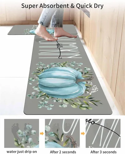 Miniatura 4 de Tapete de baño con diseño de calabazas azules, antideslizante, de secado rápido y absorbente, de tierra de diatomeas, para cocina, cocina, hojas