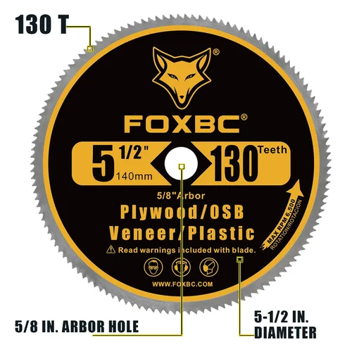 Miniatura 3 de FOXBC Hoja de Sierra Circular de 5-1/2 Pulgadas con 130 Dientes para Cortar Madera Contrachapada, Chapa, OSB, Plástico con Eje de 5/8 Pulgadas