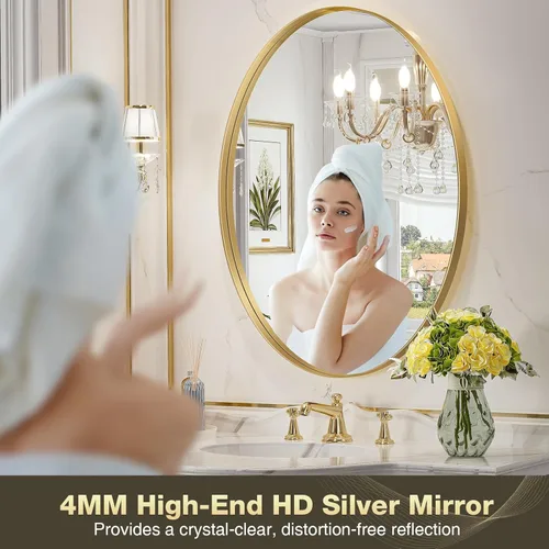 Miniatura 5 de Espejo ovalado dorado de Brightify para baño de 28x40 pulgadas, espejo ovalado de tocador con marco de metal dorado, espejo de pared moderno
