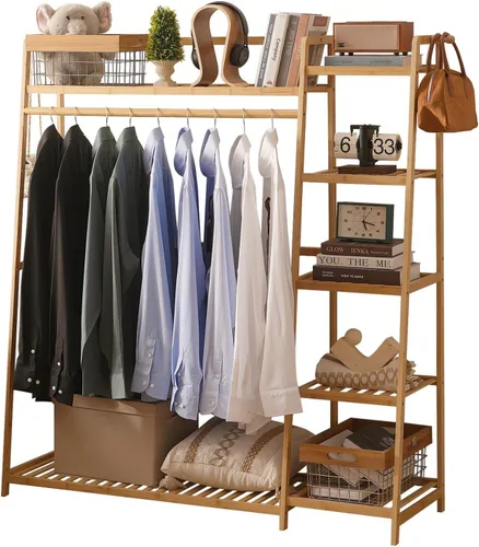 Miniatura 11 de Baveke Perchero de bambú para ropa de 7 niveles, estante de almacenamiento para colgar ropa, organizador de armario portátil con estante superior