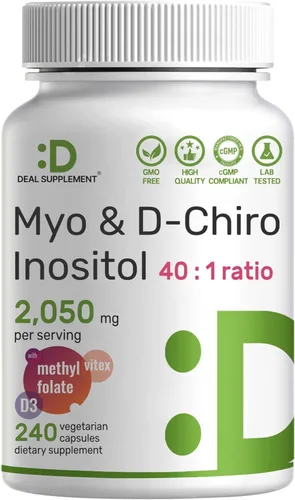 Suplemento de Myo-Inositol y D-Chiro Inositol para Mujeres (40:1) | 2,050 mg por Porción | 240 Cápsulas Vegetarianas | con Folato, Vitamina D3 y