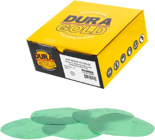 Miniatura 10 de Dura-Gold Discos de lijado de película verde de 5 pulgadas de alta calidad - Grano 80 (caja de 50) - Discos de papel de lija con respaldo de gancho