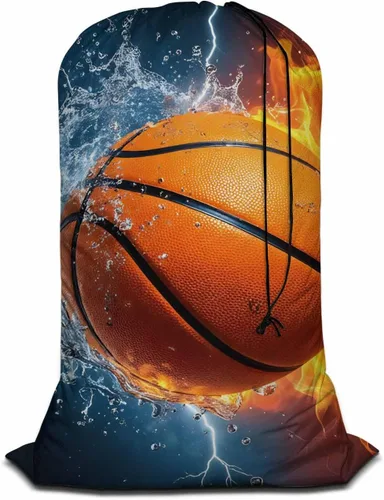 Swono Bolsa de lavandería de viaje, pelota de baloncesto en el agua de fuego, juego de iluminación de chispas lavable a máquina, organizador de ropa