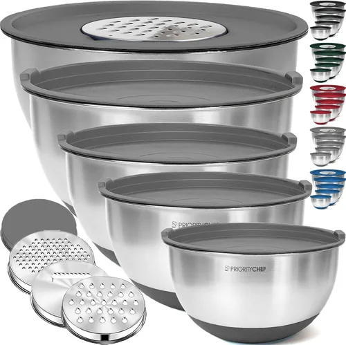 Miniatura 10 de Priority Chef Juego de tazones para mezclar de acero inoxidable con tapas, 3 accesorios para rallar, tapas herméticas, base de silicona