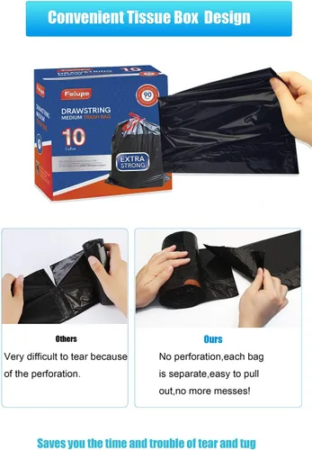 Miniatura 4 de Bolsa de basura con cordón de 10 galones, forro para basura, 0.9 mil, 90 unidades (negro, 10 galones)