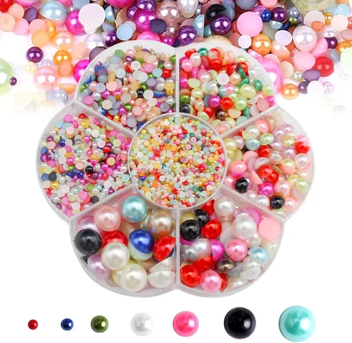 Miniatura 15 de 5600 PIEZAS Medias Perlas Redondas Planas Imitación Perlas para Manualidades, 7 Tamaños para Arte de Uñas DIY, Creación de Joyería, Zapatos, Taza