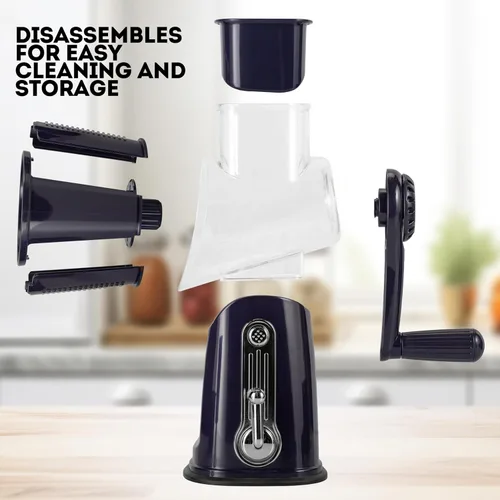 Miniatura 4 de Rallador de queso giratorio 5 en 1 con asa, cuchillas de acero inoxidable, cortador y triturador de verduras, molinillo de nueces, rallador