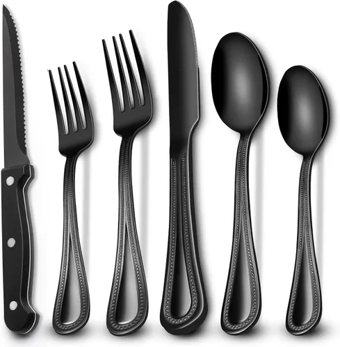 Miniatura 8 de EWFEN Juego de cubiertos negros de 24 piezas con cuchillos para carne, juego de cubiertos negros para 4, juego de cubiertos de acero inoxidable