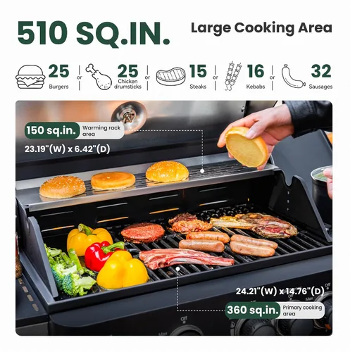 Miniatura 3 de Parrilla de Barbacoa de Gas Propano 2 en 1 con Quemador Lateral y Rejilla de Hierro Fundido Esmaltada en Porcelana, Plancha Plana de 4 Quemadores