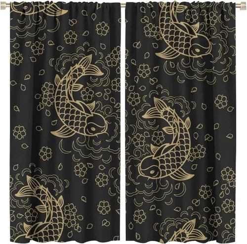 Cortinas japonesas de pez koi, silueta de pétalos Koi, estilo asiático, cortinas opacas con bolsillo para barra, para sala de estar, dormitorio,