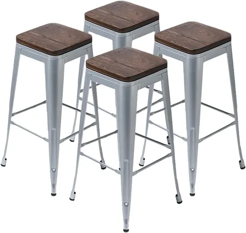 Miniatura 7 de Juego de 4 taburetes de bar de metal sin espalda de 24 pulgadas, apilables, industriales, para taburetes de isla de cocina, con asiento de madera