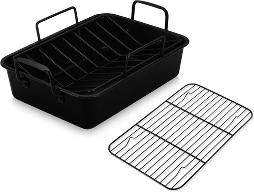 E-far Bandeja para asar con rejillas, asador pequeño de pavo de acero inoxidable con rejilla en forma de V y rejilla de enfriamiento para horno,