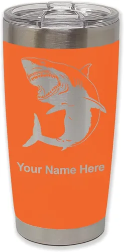 Miniatura 26 de LaserGram Vaso aislado al vacío de 20 onzas, gran tiburón blanco, grabado personalizado incluido (negro)
