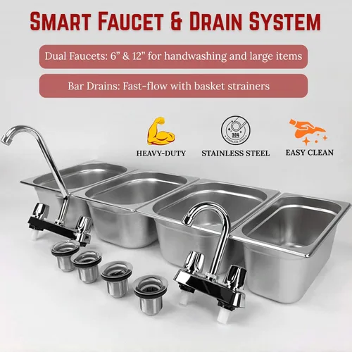 Miniatura 7 de 3 grandes + 1 pequeño lavado a mano, fregadero de acero inoxidable con 4 compartimentos Portable 3 Large + 1 Small sink with Dual faucet, bar
