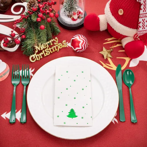 Miniatura 7 de WDF Paquete de 100 Servilletas Navideñas Verdes Desechables - Servilletas de Papel de Árbol de Navidad de 3 Capas, Servilletas Navideñas Verdes