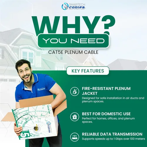 Miniatura 5 de Smartech Cables - Cable Plenum Cat5e de 1000 pies (CMP) - Cable de conductor sólido Cat5e de 1000 pies - 24 AWG, 350 MHz, 4 pares, cable Ethernet