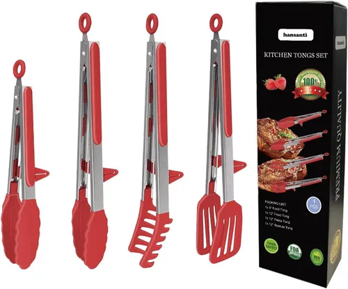 Juego de 4 pinzas de cocina de silicona, antiadherentes de acero inoxidable con puntas de silicona sin BPA para servir pasta, espagueti, bistec, Rojo