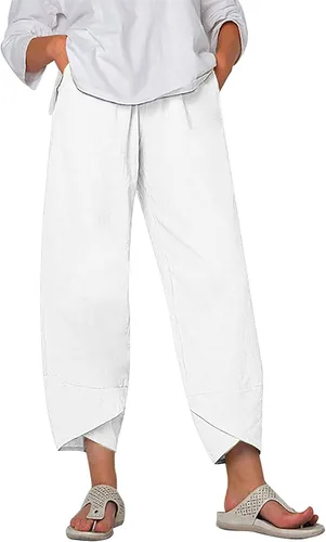 Miniatura 22 de Pantalones Capri de Lino de Algodón para Mujer 2025, Pantalones Palazzo Recortados Casuales con Estampado, Cintura Elástica, Pantalones Holgados
