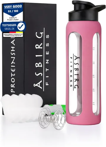 Miniatura 12 de Fitness - Botella mezcladora de proteínas de vidrio de 24 onzas, sin BPA, tapa a prueba de fugas, bola mezcladora de acero inoxidable y funda