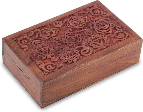 Ajuny Joyero decorativo de madera de recuerdo de 8 pulgadas - Caja de tallado de 7 chakras para joyas, monedas, cartas de tarot, organizador de