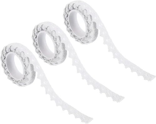 PATIKIL 1.5 cm de ancho 1.8 m de cinta adhesiva de encaje, 3 paquetes de etiquetas adhesivas de ribete de washi de algodón, decorativas para Blanco