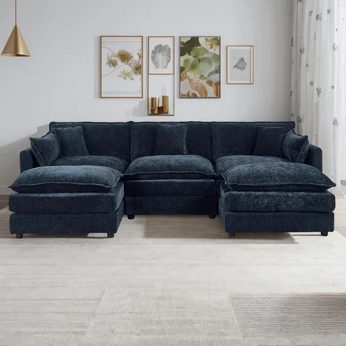 Miniatura 50 de Setawix Sofá Profundo de 3 Plazas con Otomana, Sofás de Nube en Forma de L de 112.2" para Sala de Estar, Sofá de Nube de Chenilla con Asiento Café