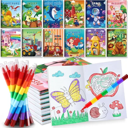 BenLouis Libros para colorear para niños con lápices de colores apilables, mini libros para colorear a granel para edades de 4 a 8 a 12 años,
